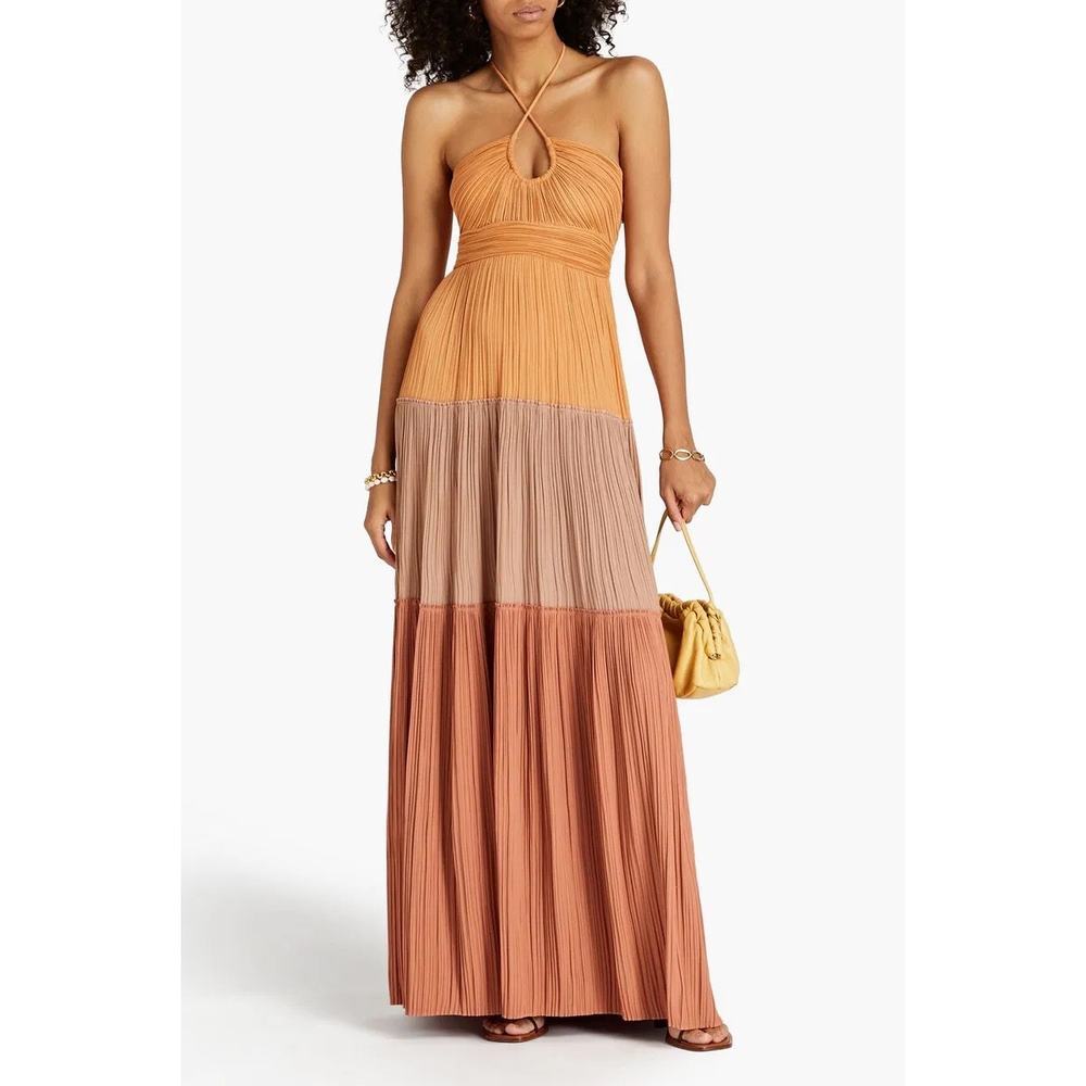 A.L.C. Colorblock Pleated Maxi Dress in Mustard, Taupe & Rust